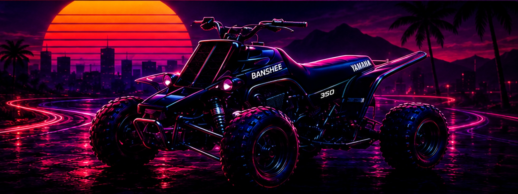 Blue racing ATV in a neon sunset city